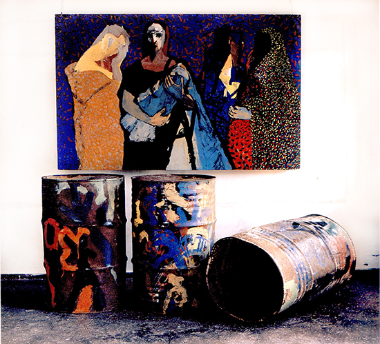 Chandraguptha Thenuwara, “Women in Barrelistic Area”, acrylic on wood and three painted barrels, 1998.